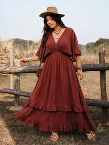 Ceyna 大码女式深V领褶皱纯色休闲派对连衣裙 女式连衣裙 波西米亚风大码女装 波西米亚风女装连衣裙 波西米亚风连衣裙 - 紅木色 - 查看 6