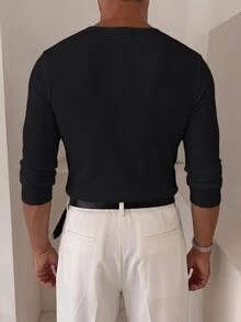 ESTAVOR 男士羅紋半開襟鈕扣長袖T恤 - 黑色 - 查看 3