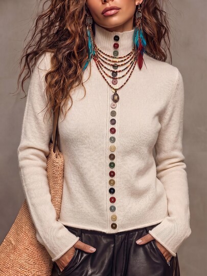 SHEIN Women's Half-Stand Collar Long Sleeve Pullover Sweater, Casual Knitted Garment, Autumn/Winter Beige Fashionable Elegant Colorful Button Sweater, Versatile Stand Collar Pullover Sweater