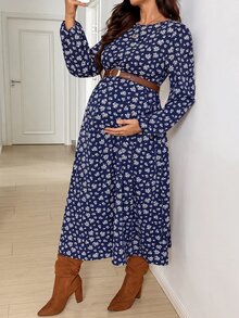 SHEIN 孕婦圓領長袖印花洋裝 - 藏蓝色 - 查看 6