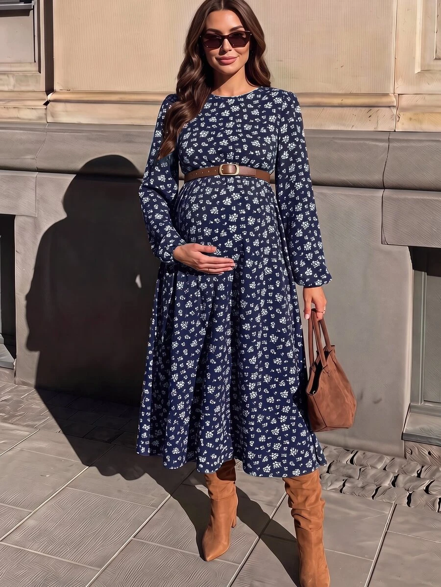 SHEIN 孕婦圓領長袖印花洋裝 - 藏蓝色 - 查看 1