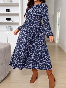 SHEIN 孕婦圓領長袖印花洋裝 - 藏蓝色 - 查看 8