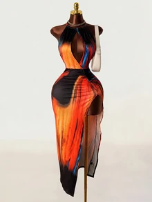 BamGleam Sexy Backless High Slit Lace-Up Wrap Bodycon Dress For Women - Multicolor - View 1