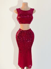 BamGleam Women Elegant Sleeveless Top With Sequin Detail & Long Slit Hem Maxi Skirt Set, Solid Color - Hot Pink - View 3