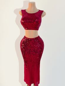 BamGleam Women Elegant Sleeveless Top With Sequin Detail & Long Slit Hem Maxi Skirt Set, Solid Color - Hot Pink - View 4