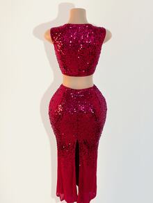 BamGleam Women Elegant Sleeveless Top With Sequin Detail & Long Slit Hem Maxi Skirt Set, Solid Color - Hot Pink - View 2