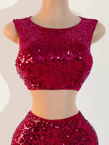 BamGleam Women Elegant Sleeveless Top With Sequin Detail & Long Slit Hem Maxi Skirt Set, Solid Color - Hot Pink - View 6