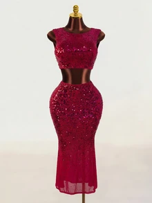 BamGleam Women Elegant Sleeveless Top With Sequin Detail & Long Slit Hem Maxi Skirt Set, Solid Color - Hot Pink - View 1