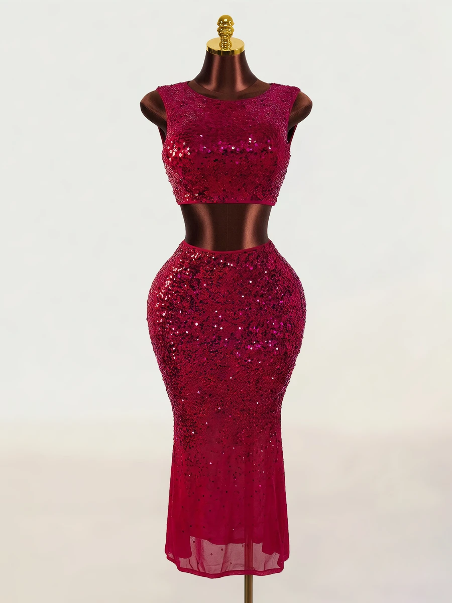 BamGleam Women Elegant Sleeveless Top With Sequin Detail & Long Slit Hem Maxi Skirt Set, Solid Color - Hot Pink - View 1