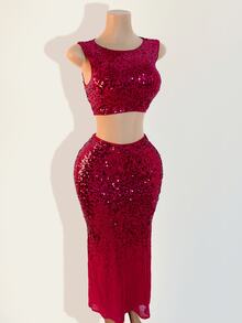 BamGleam Women Elegant Sleeveless Top With Sequin Detail & Long Slit Hem Maxi Skirt Set, Solid Color - Hot Pink - View 5