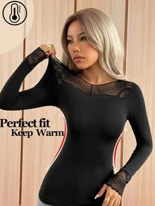 SHEIN EZwear Women's Mesh Patchwork Slim Fit Versatile Daily Wear Night Out Date Date Night Holiday Long Sleeve T-Shirt Black Fall Sexy Elegant - Black - View 8