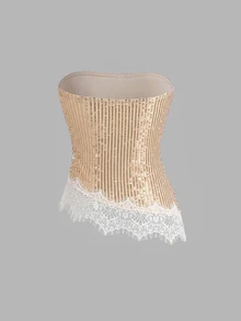 Sweetra Women's Summer Minimalist Sexy Sequin Elegant Beige Lace Asymmetrical Hem Tube Top, Suitable For Party Club And Date - Champagne - View 2