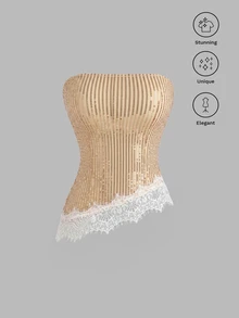 Sweetra Women's Summer Minimalist Sexy Sequin Elegant Beige Lace Asymmetrical Hem Tube Top, Suitable For Party Club And Date - Champagne - View 1