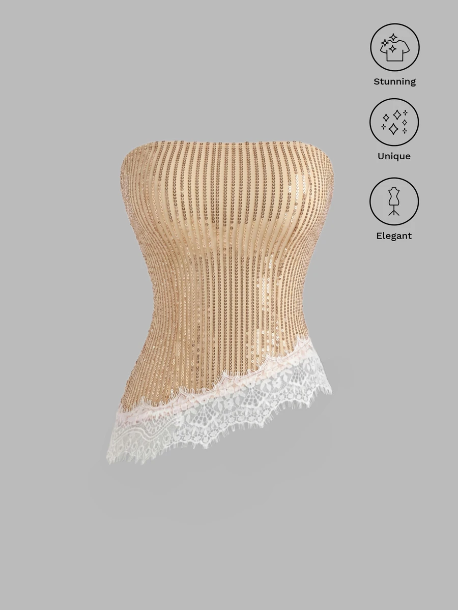 Sweetra Women's Summer Minimalist Sexy Sequin Elegant Beige Lace Asymmetrical Hem Tube Top, Suitable For Party Club And Date - Champagne - View 1