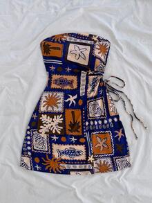 Soleia (No Chest Padding)Plus Size Palm Tree Graphic Hollow Out Drawstring Waist Fitted Tube Dress,Blue,Summer,Boho,Vacation,Holiday Style, - Multicolor - View 5