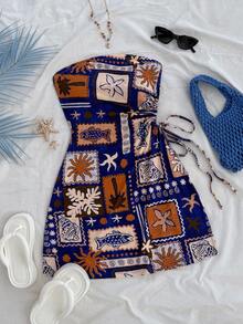 Soleia (No Chest Padding)Plus Size Palm Tree Graphic Hollow Out Drawstring Waist Fitted Tube Dress,Blue,Summer,Boho,Vacation,Holiday Style, - Multicolor - View 7