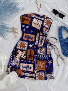 Soleia (No Chest Padding)Plus Size Palm Tree Graphic Hollow Out Drawstring Waist Fitted Tube Dress,Blue,Summer,Boho,Vacation,Holiday Style, - Multicolor - View 6