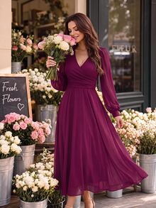 Editum Women's Solid Color Overlap V-Neck Lantern Sleeve Elegant Long Dress - Red Violet - View 3