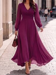 Editum Women's Solid Color Overlap V-Neck Lantern Sleeve Elegant Long Dress - Red Violet - View 2