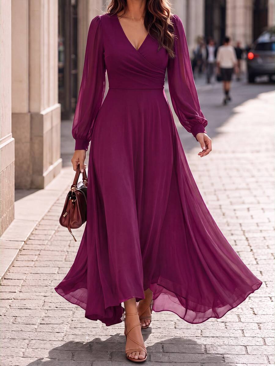 Editum Women's Solid Color Overlap V-Neck Lantern Sleeve Elegant Long Dress