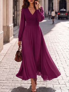 Editum Women's Solid Color Overlap V-Neck Lantern Sleeve Elegant Long Dress - Red Violet - View 6