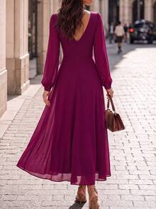 Editum Women's Solid Color Overlap V-Neck Lantern Sleeve Elegant Long Dress - Red Violet - View 4
