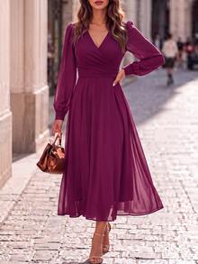 Editum Women's Solid Color Overlap V-Neck Lantern Sleeve Elegant Long Dress - Red Violet - View 7