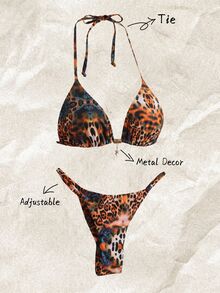 Elavelle Springbreak Women's Random Print Halter Metal Decor Sexy Bikini Swimwear Set, Summer Beachwear - Multicolor - View 1
