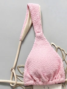 SHEIN Swim Women's Spring/Summer Jacquard Fabric Spaghetti Strap Bikini Set Beach Club Blush Pink Bright Pink Sexy - Pink - View 4