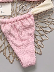 SHEIN Swim Women's Spring/Summer Jacquard Fabric Spaghetti Strap Bikini Set Beach Club Blush Pink Bright Pink Sexy - Pink - View 5