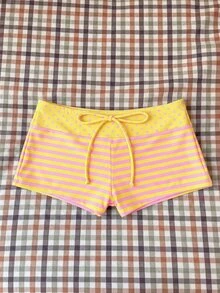 SHEIN Swim 女款春夏隨機印花高腰蝴蝶結比基尼泳褲，海灘藍黃條紋休閒 Y2K 運動風 - 彩色 - 查看 3