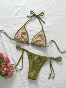 SHEIN Swim 2件組女款夏季豹紋細肩帶側綁帶性感比基尼套裝 - 彩色 - 查看 3