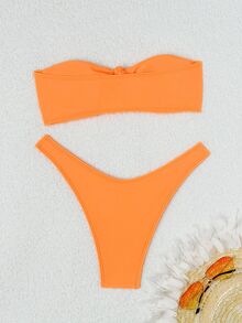 Oceva Summer Beach Hollow Out Strapless Bikini Set Swimming Suit - Orange - View 5