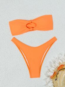 Oceva Summer Beach Hollow Out Strapless Bikini Set Swimming Suit - Orange - View 4