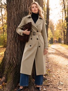 Anewsta Jaket Trench Coat Panjang Kasual Wanita dari Bahan Twill Halus - Khaki - View 3