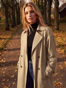 Anewsta Jaket Trench Coat Panjang Kasual Wanita dari Bahan Twill Halus - Khaki - View 5