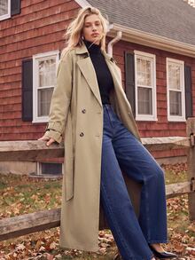 Anewsta Jaket Trench Coat Panjang Kasual Wanita dari Bahan Twill Halus - Khaki - View 6