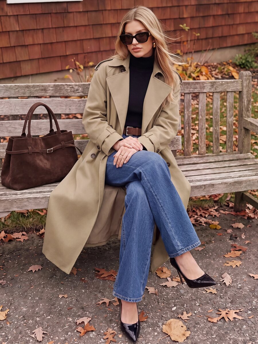 Anewsta Jaket Trench Coat Panjang Kasual Wanita dari Bahan Twill Halus - Khaki - View 1