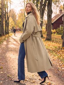 Anewsta Jaket Trench Coat Panjang Kasual Wanita dari Bahan Twill Halus - Khaki - View 2