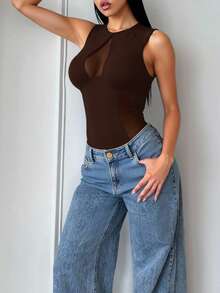 SHEIN SXY Women's Dark Brown Round Neck Sleeveless Bodysuit,Semi-Sheer Cut Out Cold Shoulder Knitted Tank Body Suit For Summer,Club Night Out,Rave Sexy - Brown - View 5