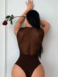 SHEIN SXY Women's Dark Brown Round Neck Sleeveless Bodysuit,Semi-Sheer Cut Out Cold Shoulder Knitted Tank Body Suit For Summer,Club Night Out,Rave Sexy - Brown - View 2