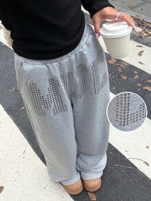 Muchica Women's New Fall Grey Letter Pattern Rivet Contrast Color Loose Sweatpants For Going Out Airport Streetwear Hip Hop Cool Baggy Y2K Clothes - Light Grey - View 5