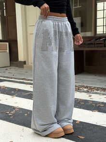 Muchica Women's New Fall Grey Letter Pattern Rivet Contrast Color Loose Sweatpants For Going Out Airport Streetwear Hip Hop Cool Baggy Y2K Clothes - Light Grey - View 7