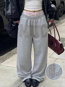 Muchica Women's New Fall Grey Letter Pattern Rivet Contrast Color Loose Sweatpants For Going Out Airport Streetwear Hip Hop Cool Baggy Y2K Clothes - Light Grey - View 8