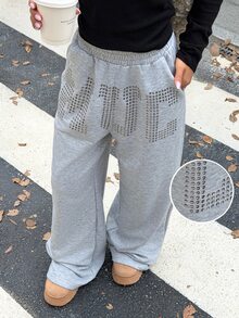Muchica Women's New Fall Grey Letter Pattern Rivet Contrast Color Loose Sweatpants For Going Out Airport Streetwear Hip Hop Cool Baggy Y2K Clothes - Light Grey - View 4