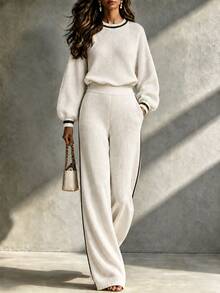 LUMIGAL Women's Striped Colorblock Long Sleeve Sweater And Pocket Pants 2 Pieces Set - White - View 2