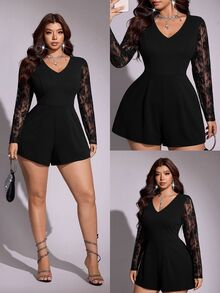 Viva Relle Plus Size Women Casual Vacation Elegant Contrast Lace Jumpsuit Fall - Black - View 2