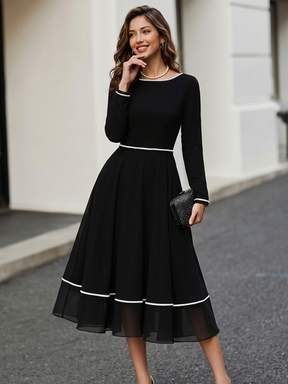 Editum Women's Vintage French French Elegant Versatile Black And White Colorblock Long Sleeve Dress Party Night Office Autumn/Winter Halloween Christmas