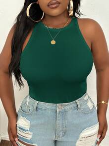 Slaydiva Plus Size Casual Basic Fitted White Round Neck Off-Shoulder Tank Top - Green - View 4