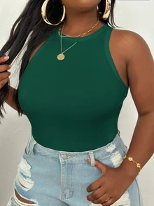Slaydiva Plus Size Casual Basic Fitted White Round Neck Off-Shoulder Tank Top - Green - View 3